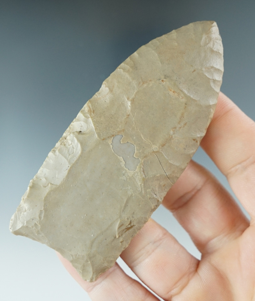 Heavily restored 3 9/16" Clovis found in Bath Co., Kentucky.  Rogers COA