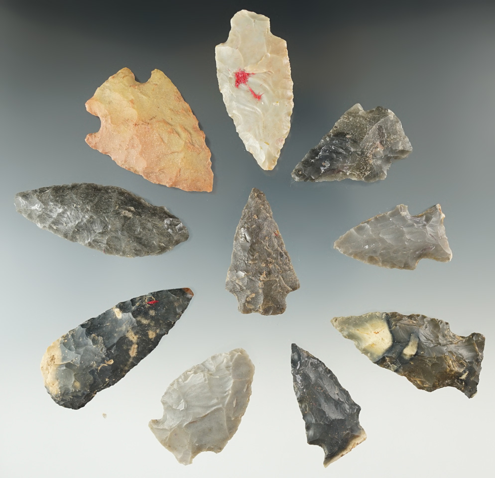 Set of 10 points found in Cooke County Tennessee in nice condition, largest is 2 5/16".