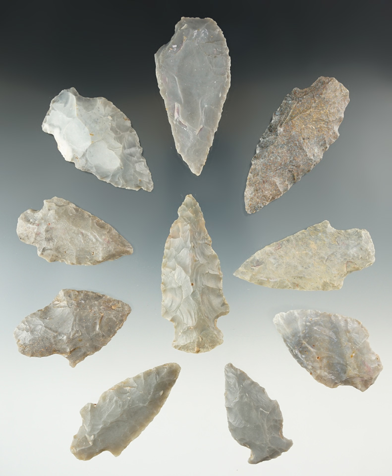 Set of 10 assorted points found in Livingston County Tennessee. Largest is 2 5/8".