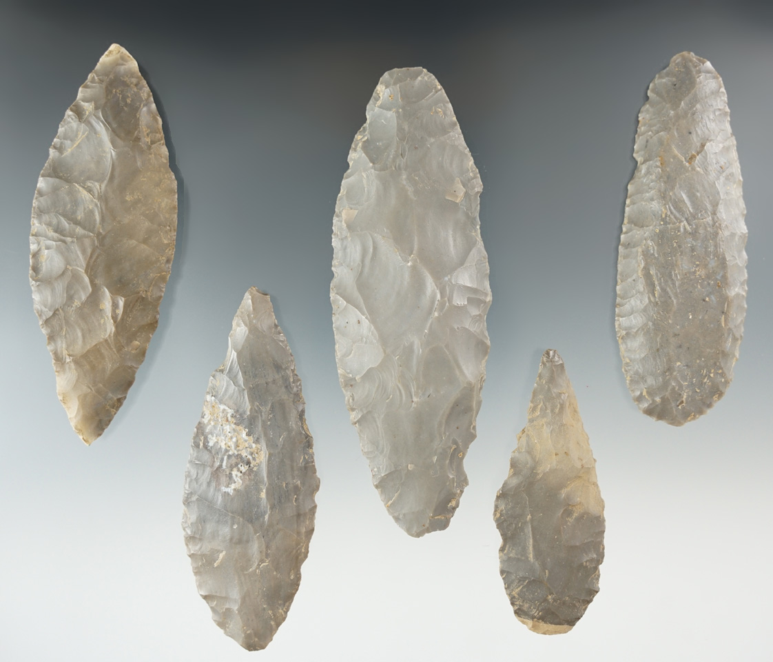 Set of five hornstone Adena Blades found in Indiana, largest is 4 1/4". Very nice set.