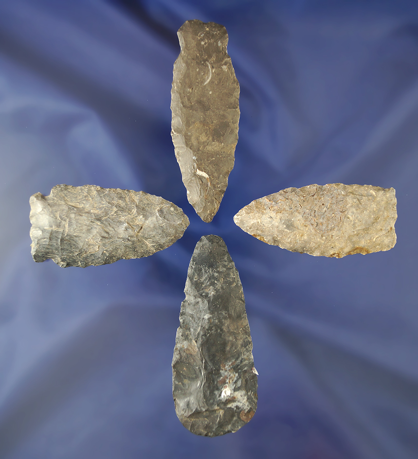 Set of four assorted Ohio Flint artifacts made from Coshocton Flint, largest is 2 15/16".