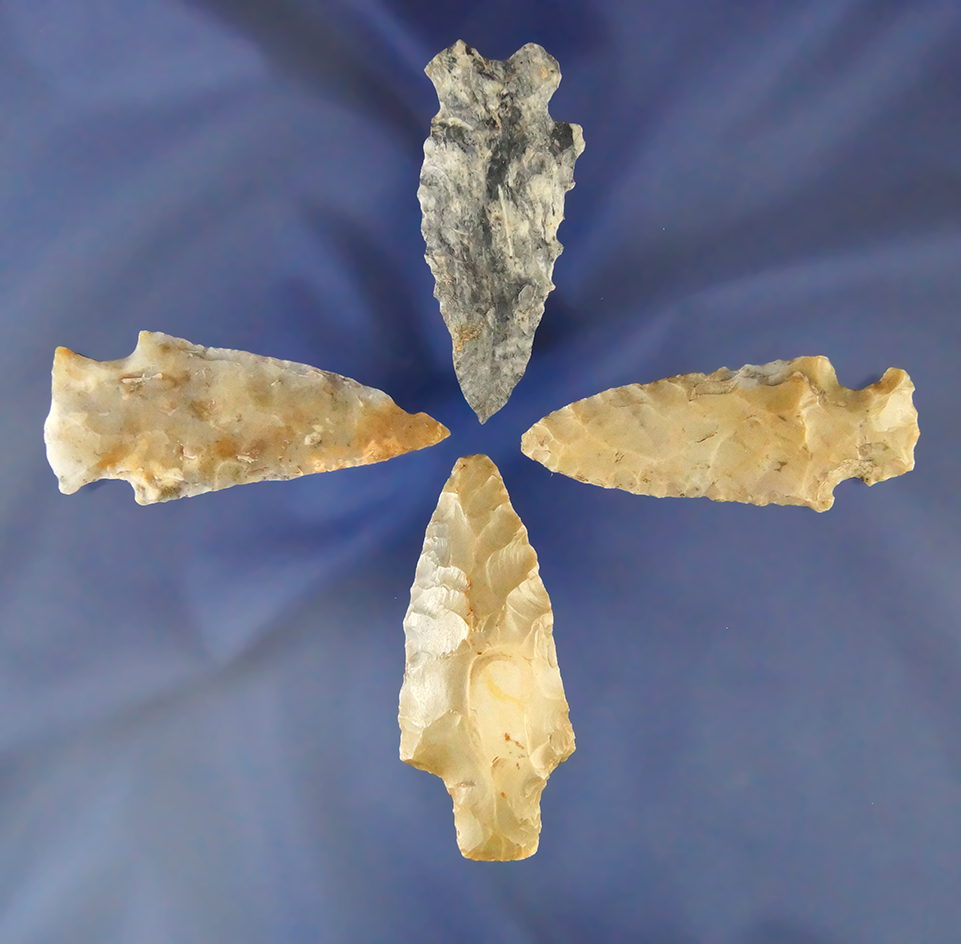 Set of four nice arrowheads found in Ohio including a beautiful Flint Ridge Flint 2 1/2" Hopewell