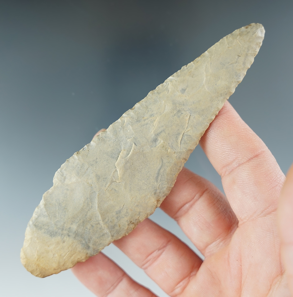 Thin and well flaked 4 9/16" Hornstone Adena Knife found in Barron Co., Kentucky.