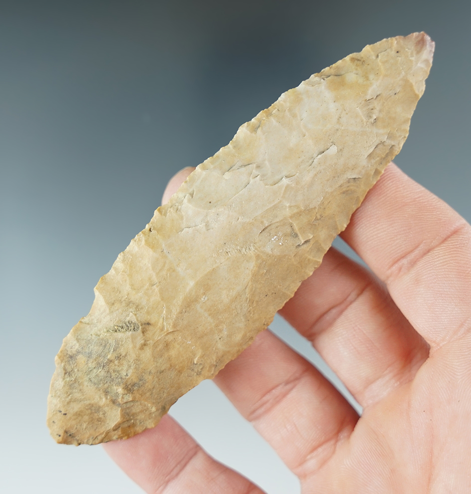 4 1/16" Adena Turkeytail found in Stuart Co., Tennessee. From the collection of Eric Wagner.