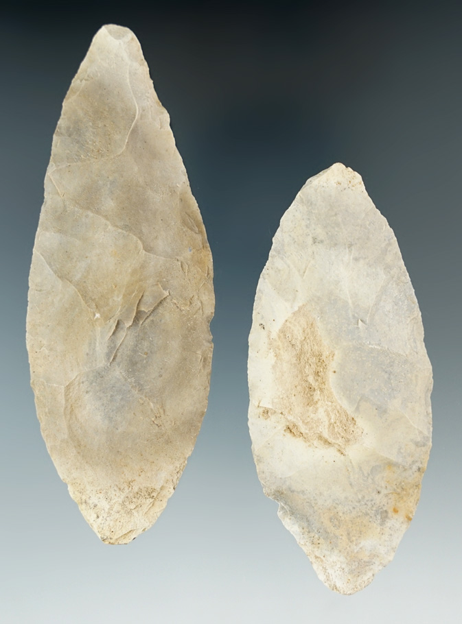 Pair of Hornstone Cache Bladess, largest is 4 1/4".  From the Lyons Cache - Greene Co., Indiana.