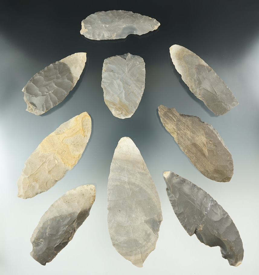 Set of nine Cache Blades, all have some degree of damage. Largest is 4 1/2". Lyons Cache.