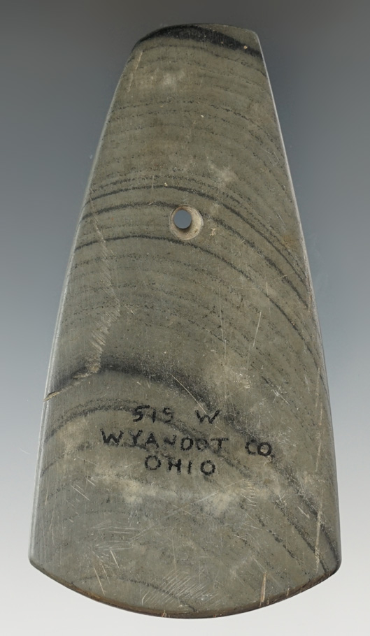 3 15/16" x 2 1/16" Pendant made from Banded Slate. Ex. Wehrle, #519W. Wyandot Co., Ohio.