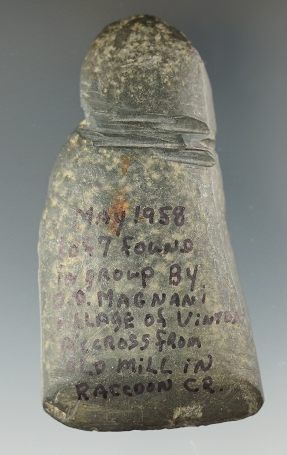 Rare style! 3" Shallow Grooved Celt found in May 1958 by Don Magnani in Gallia Co., Ohio.