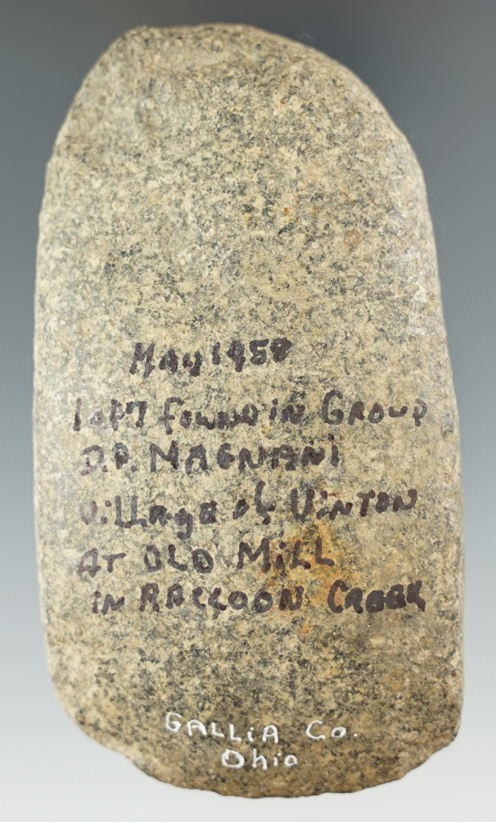 3 5/8" Hardstone Celt found in May 1958 by Don Magnani in Gallia Co., Ohio.