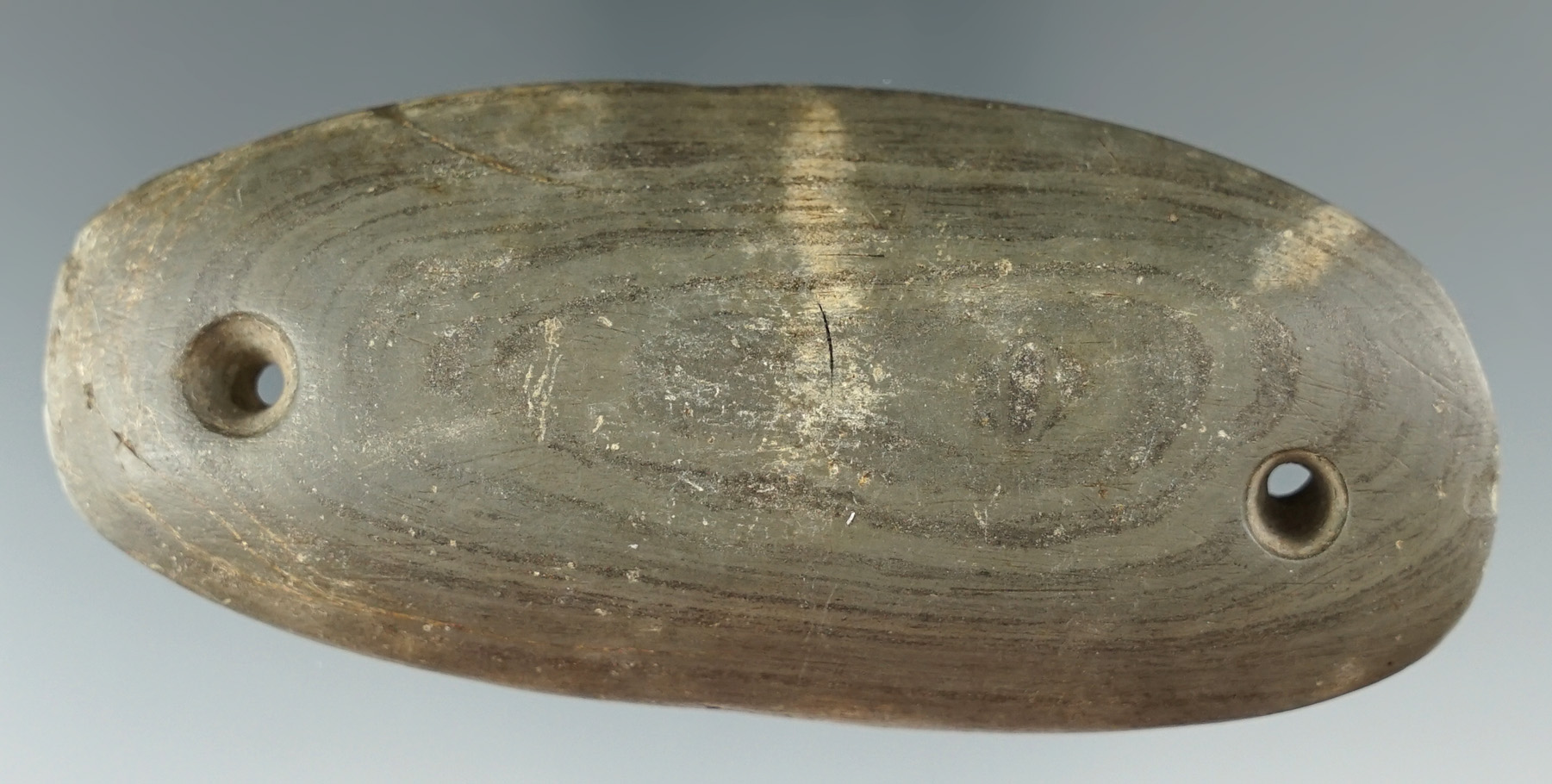 3 3/4" Glacial Kame Boat Gorget with great patina. Found in Pickaway Co., Ohio. Ex. Don Casto.