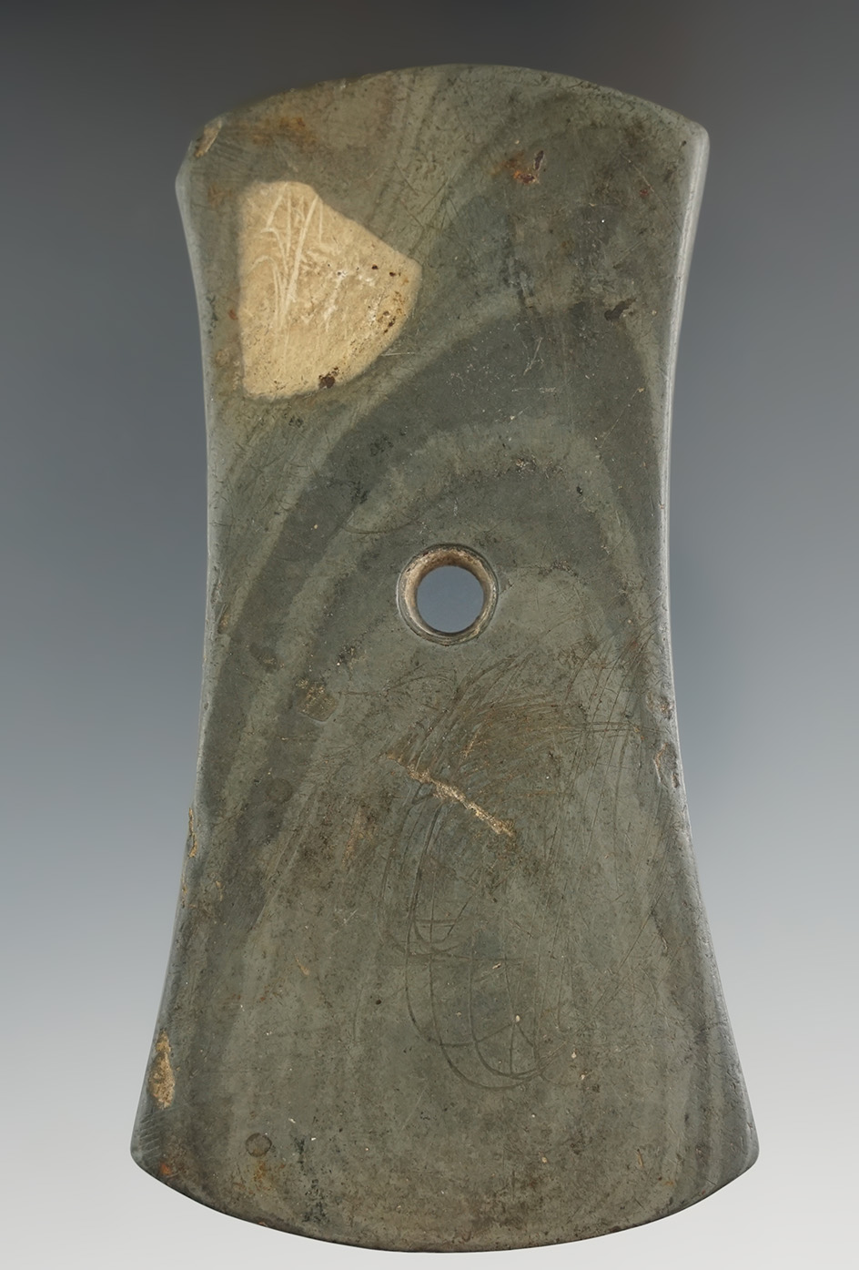 4 1/4" Banded Slate Adena Classic Bell Pendant. Great form and finish. Seneca Co., Ohio.