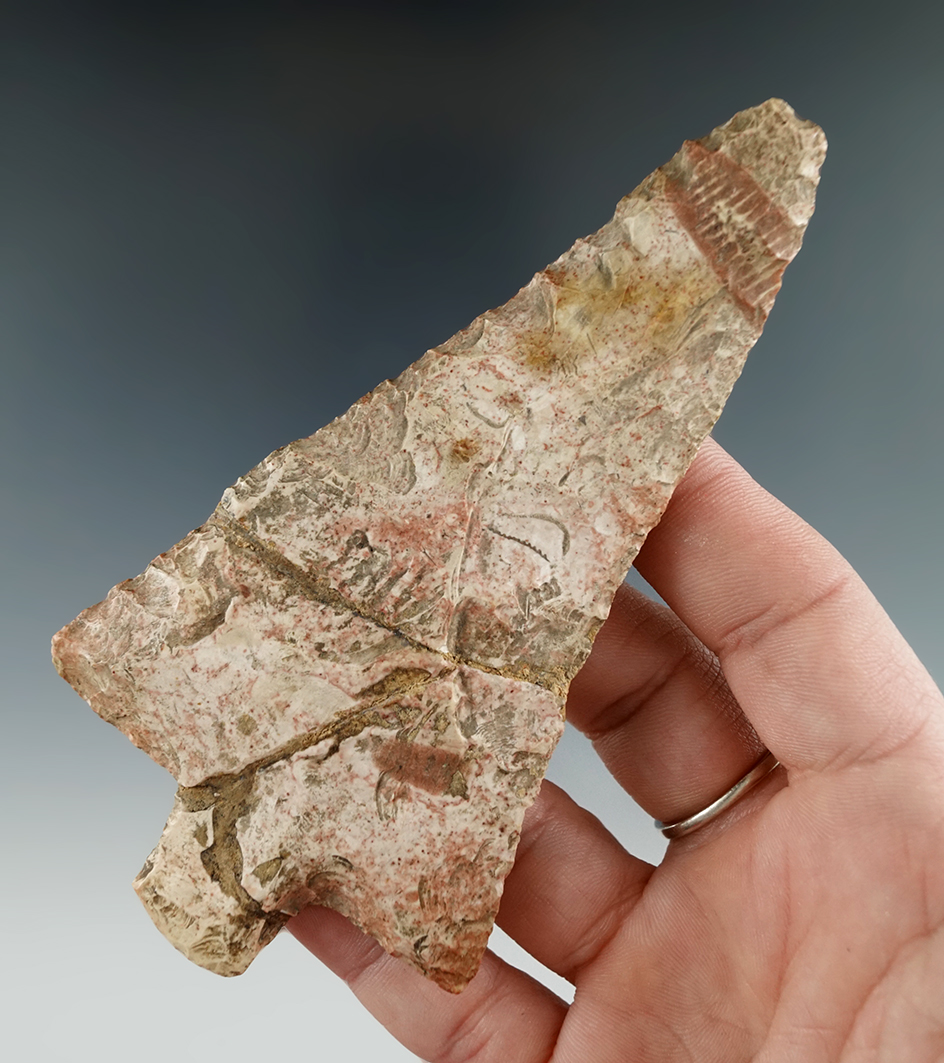 Thin and heavily patinated 4 3/4" Hopewell Ross Blade that was ceremonially broken into four pieces