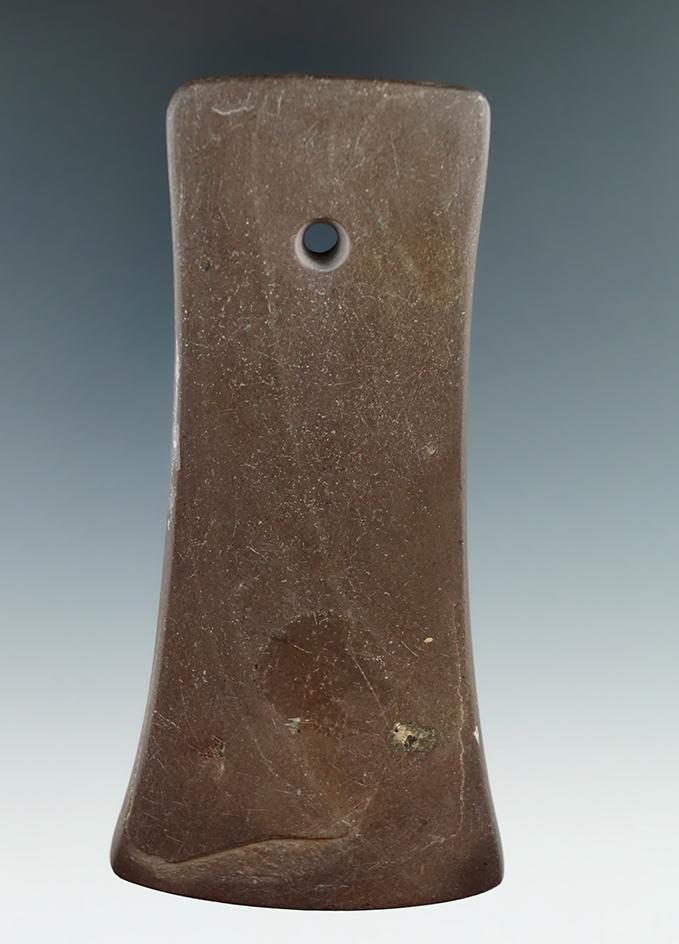 4 1/8" Brown and black Banded Slate Bell Pendant found in Huron Co., Ohio.  Bennett COA.