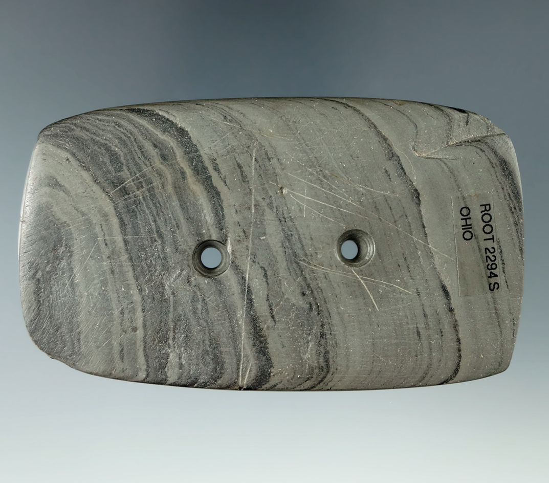 3 13/16" Glacial Kame Rectangular Gorget made from Banded Slate, found in Ohio. Pictured.