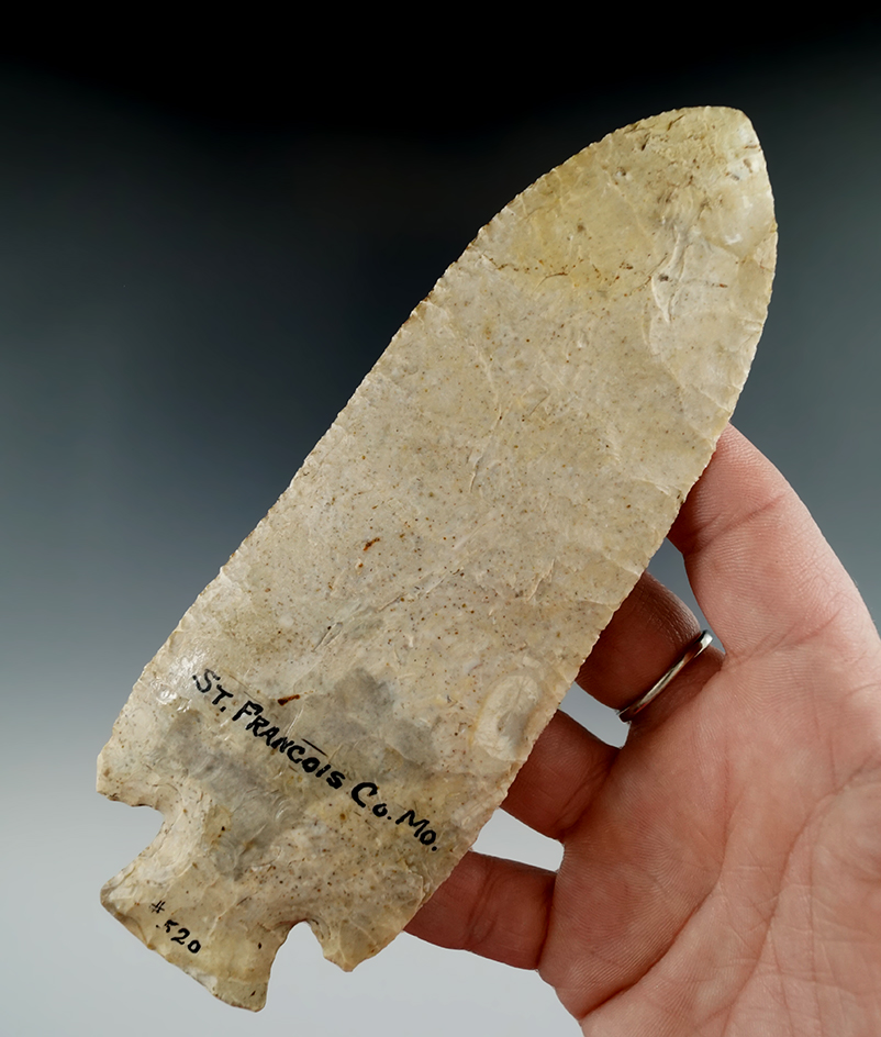 Large, thin and nice! 5 7/8" Long Hardin made from Burlington chert found in St. Francois Co., MO.