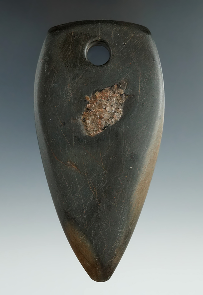 4 5/8" Adena Pendant made from Slate, found in Clark Co., Ohio. Ex. Cameron Parks (#2415/5)