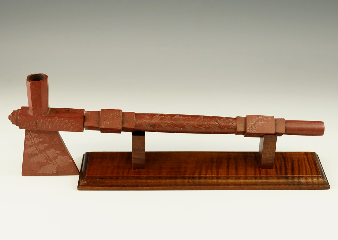 Very ornate 13" long two-piece Catlinite Pipe Tomahawk Effigy Pipe with incredible engravings