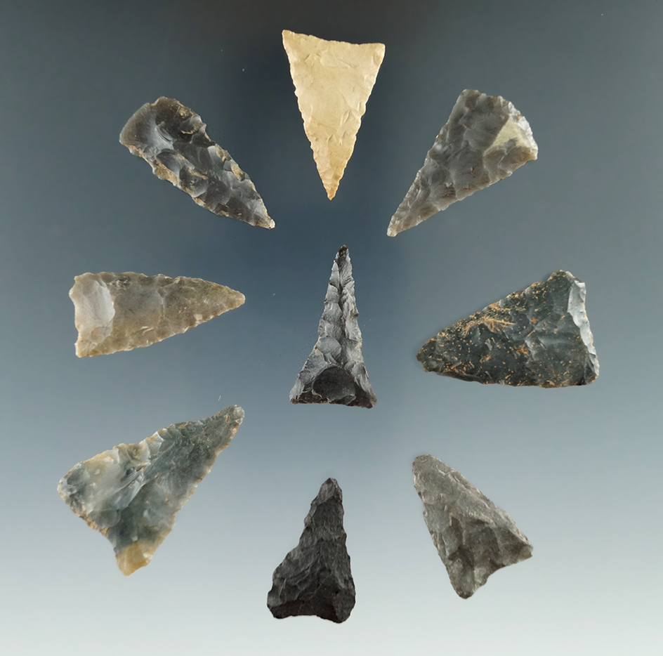 Set of nine Madison/Hamilton triangular arrowheads, largest is 1 5/16". All found in East Tennessee.