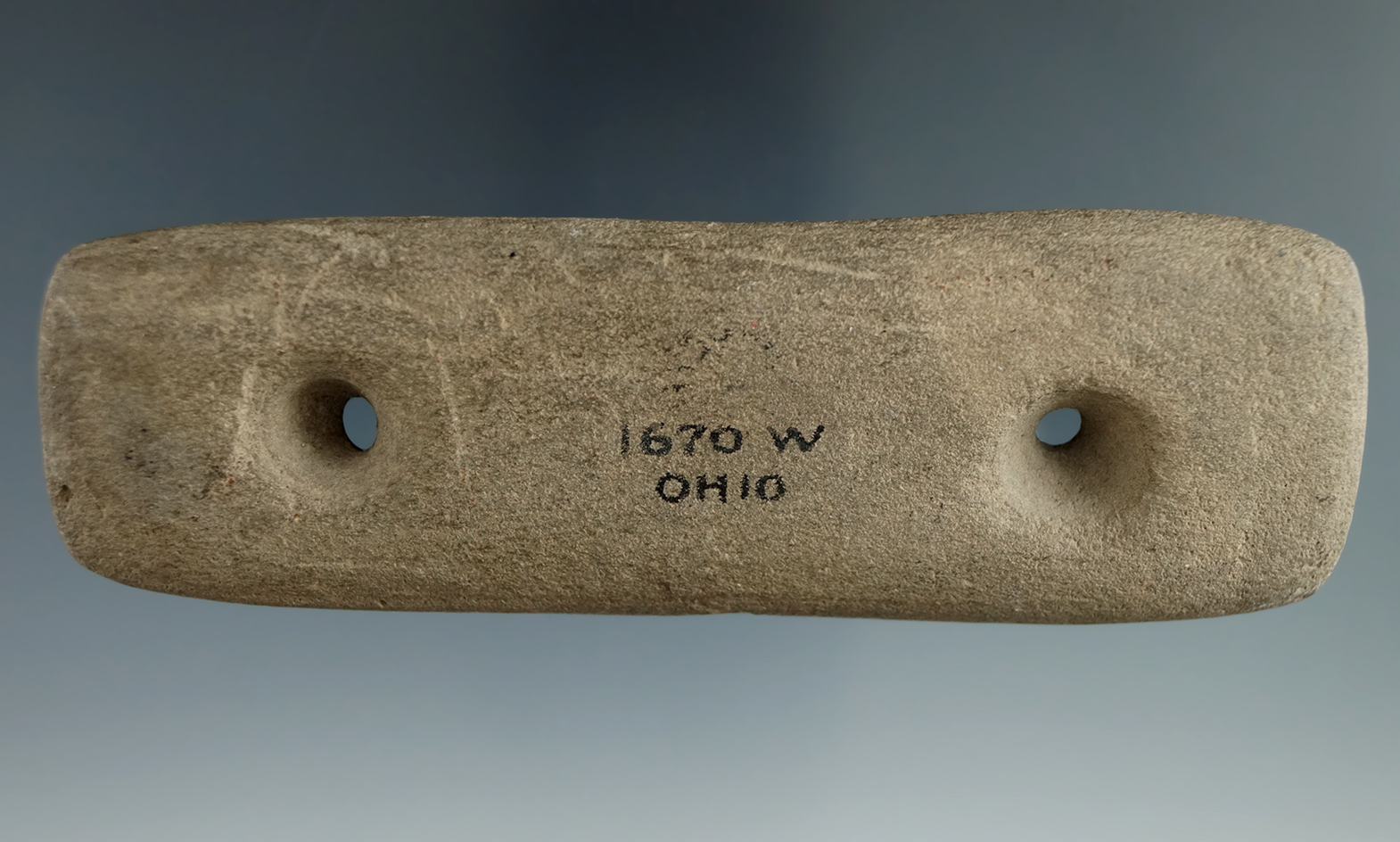 4 5/8" Glacial Kame Bar Gorget made from Sandstone, found in Ohio. Ex. August Wehrle (#1670w)
