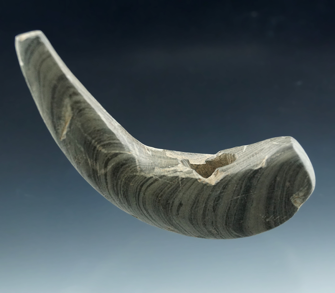 3" Archaic Geniculate made from Banded Slate, found in  Green Twp., Ross Co., Ohio.