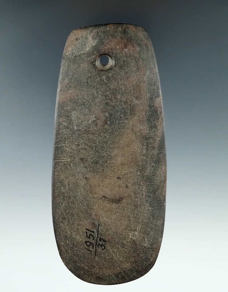 4 5/8" Hopewell Trapezoidal Pendant made from Mottled Slate, found in Pickaway Co., Ohio.