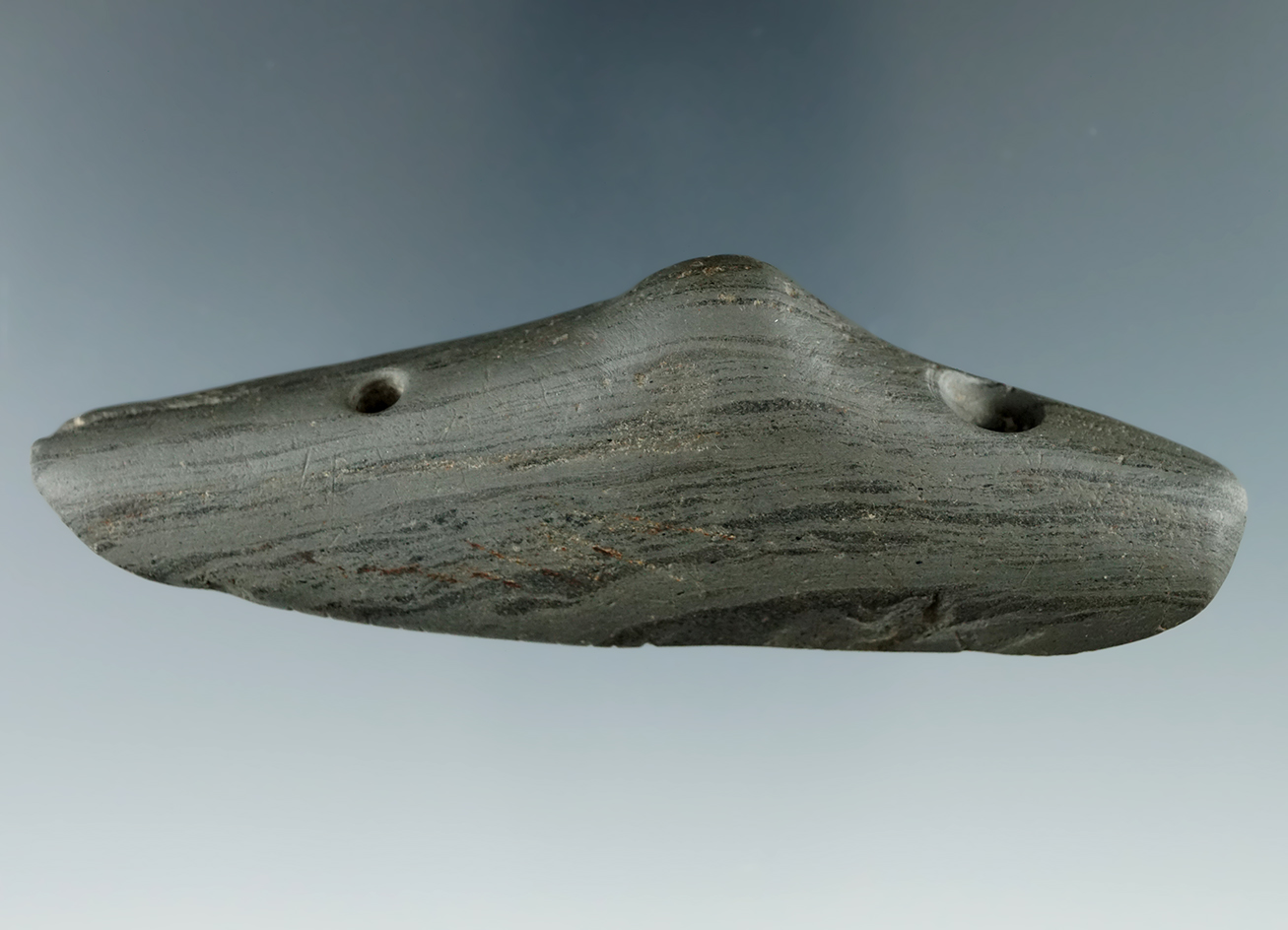 3 7/8" Rare style "Submarine" style Banded Slate Glacial Kame Spineback Gorget. Lorain Co., Ohio.