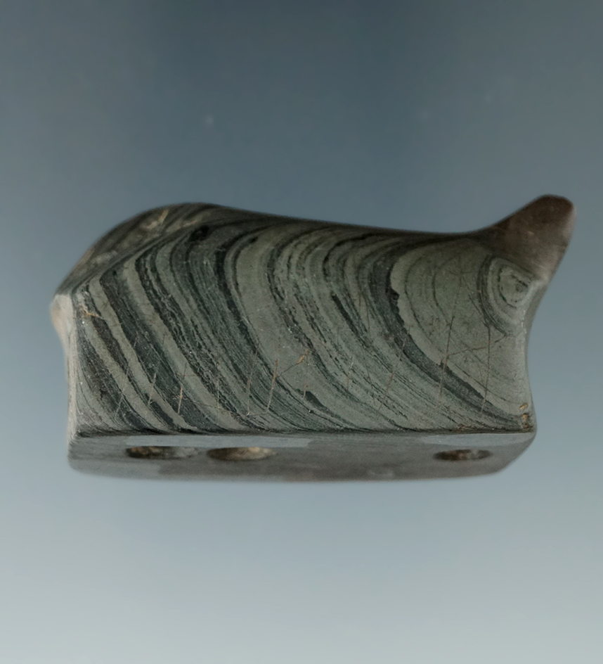 2 3/16" Banded Slate Birdstone which was anciently reworked found in Huntington Co., Indiana.