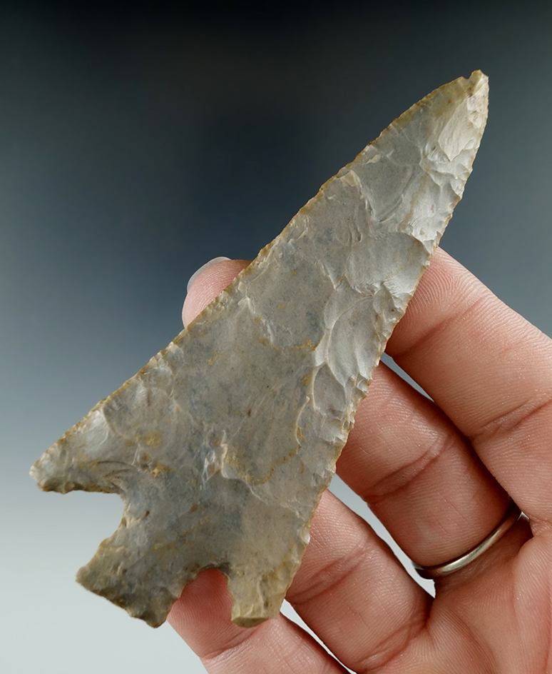 3 9/16" Buck Creek with excellent secondary flaking to blade edges found in Kentucky. Bennett COA.