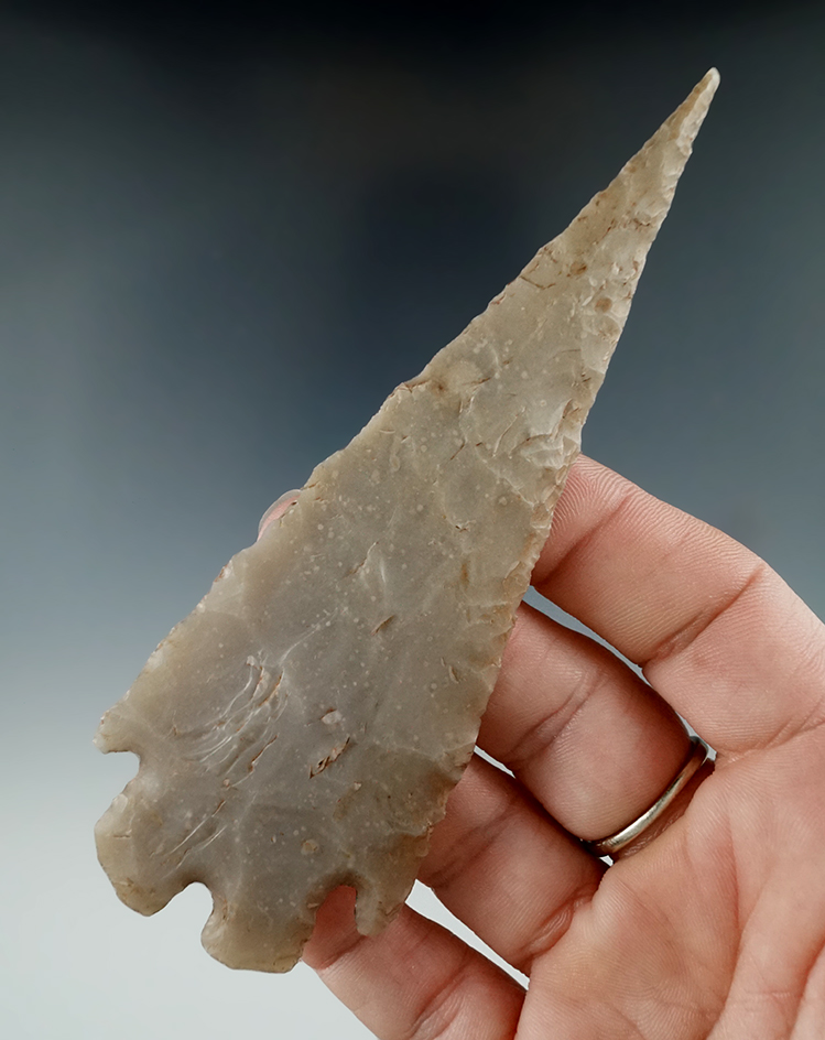 4 5/8" Exceptionally well flaked Montell point found in Kendall Co., Texas. Perino COA.
