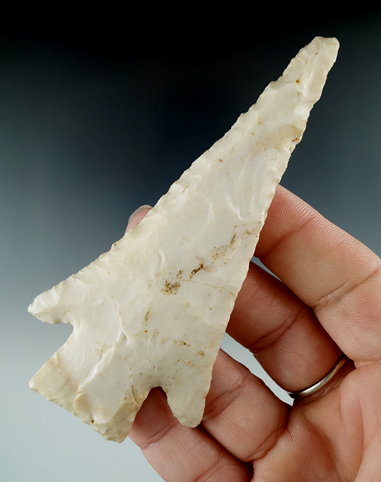 Steeply beveled 3 15/16" Burlington Flint Hardin found in the Illinois/Missouri area. Bennett COA.