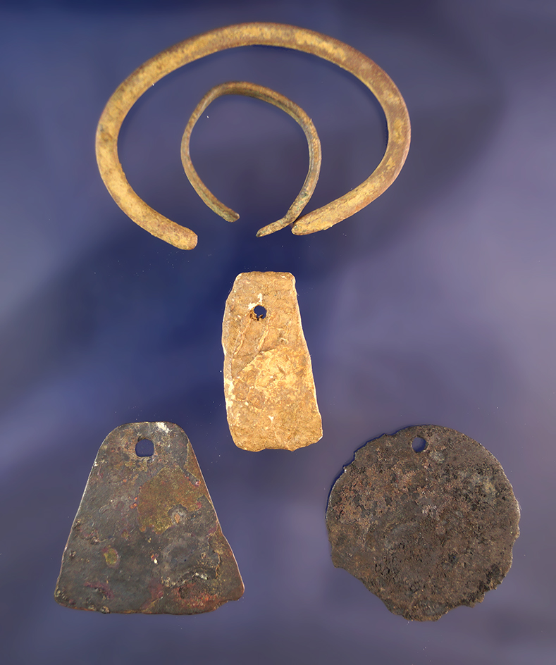 3 Drilled Metal Pendants, ring and bracelet from the Bill Peterson Collection.
