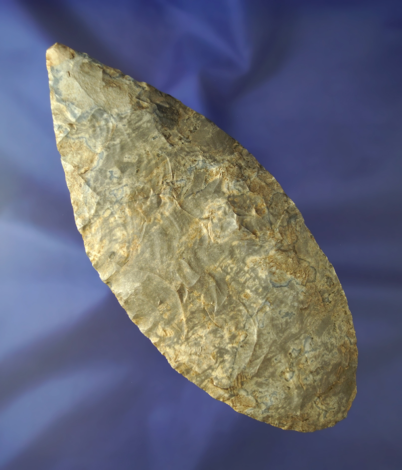 Very large 7" long Coshocton Flint Blade that is heavily patinated found in Coshocton Co., OH.