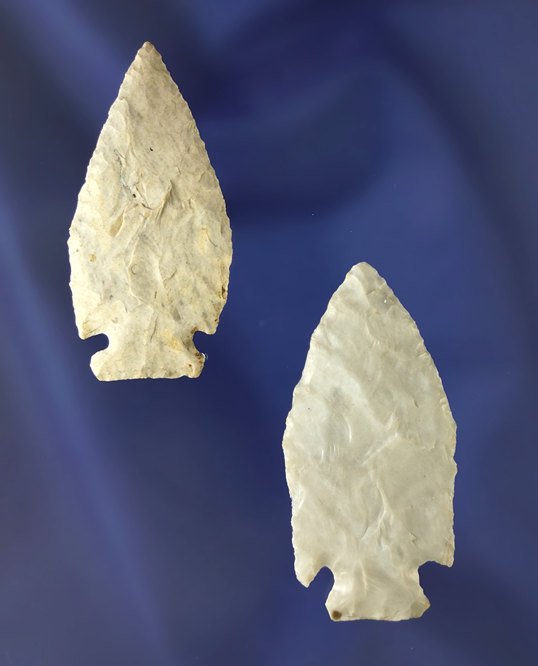 Pair of classic style Intrusive Mound points, largest is 2".Found in Kentucky, one at Foxfield site.