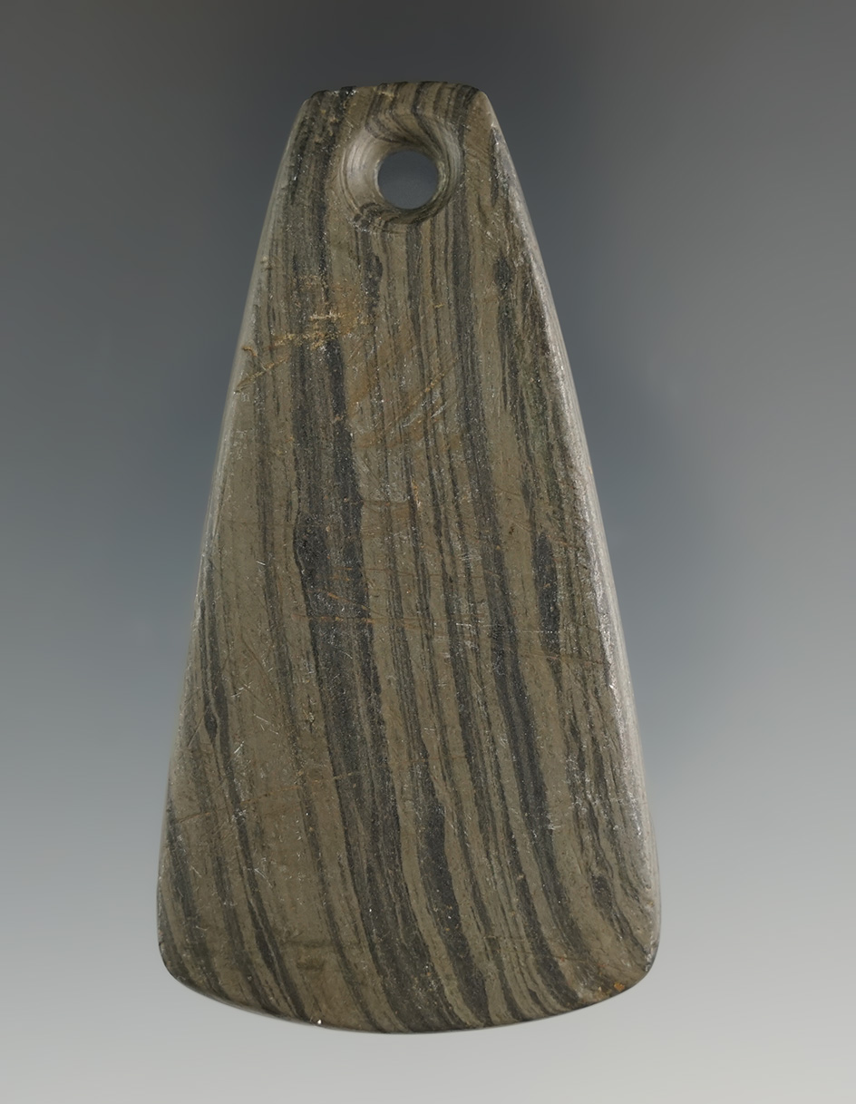 3" Adena Trapezoidal Pendant made from green and black Banded Slate, found in Champaign Co., Ohio.