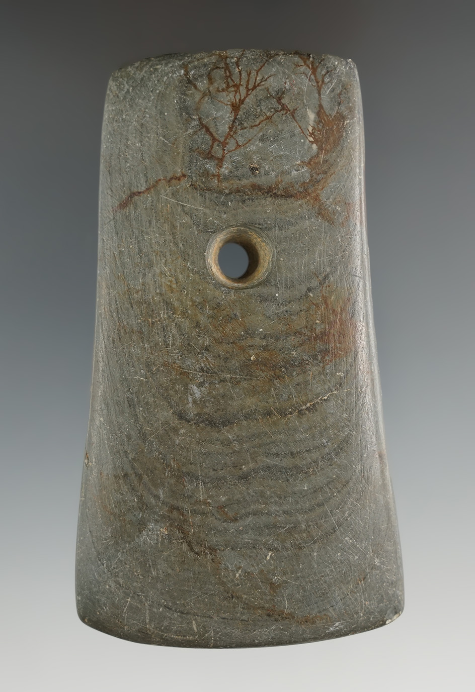 3 3/4" Adena Bell Pendant made from gray and black Banded Slate, found in Sandusky Co., Ohio.