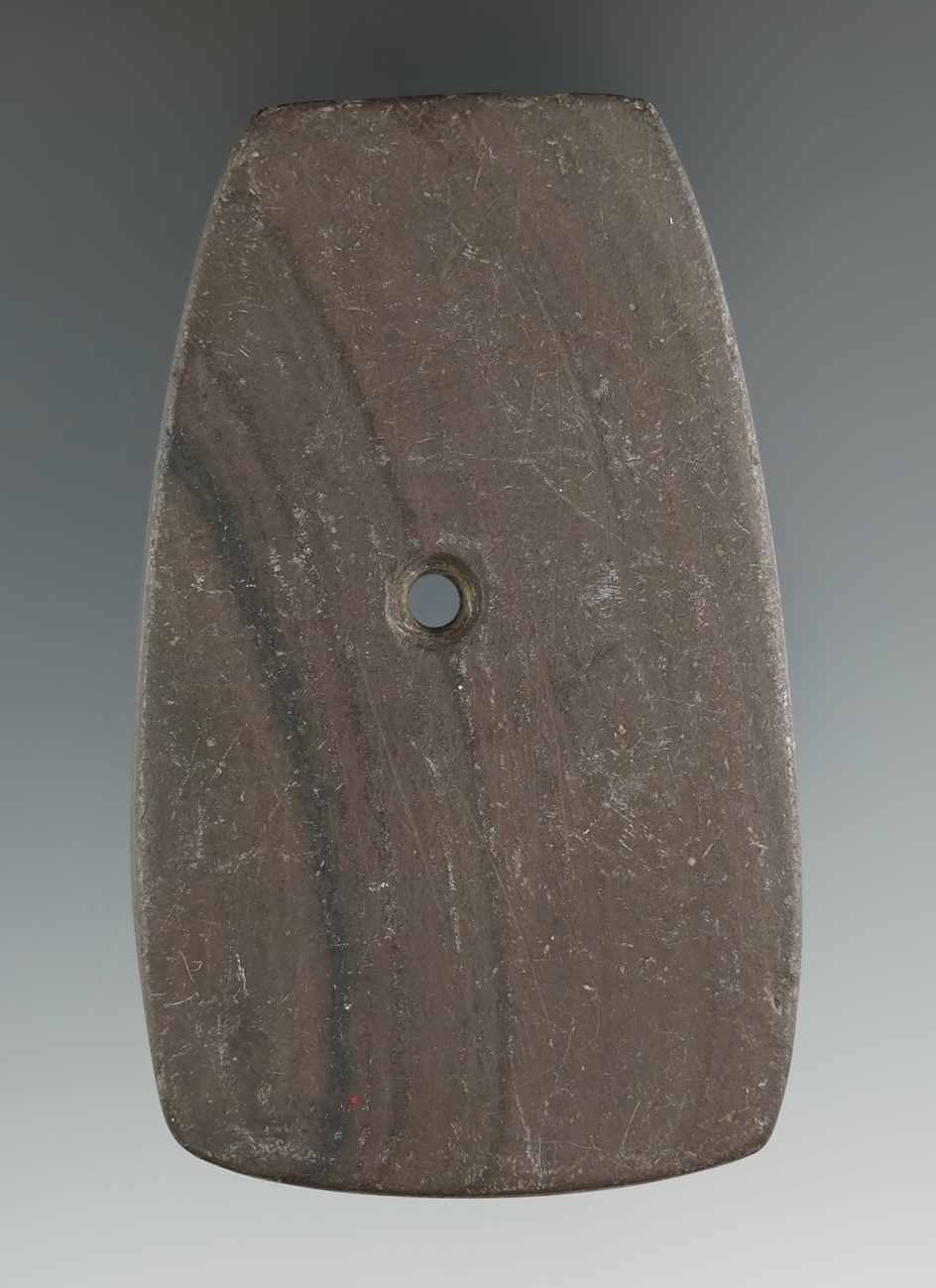 3 3/16" Hopewell Trapezoidal Pendant made from Banded Slate, found in Portage Co., Ohio. Pictured!