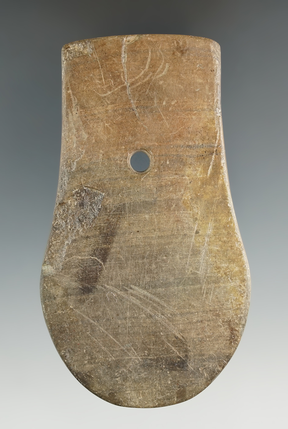 4" Adena Keyhole Pendant made from Banded Slate, found in Darke Co., Ohio.