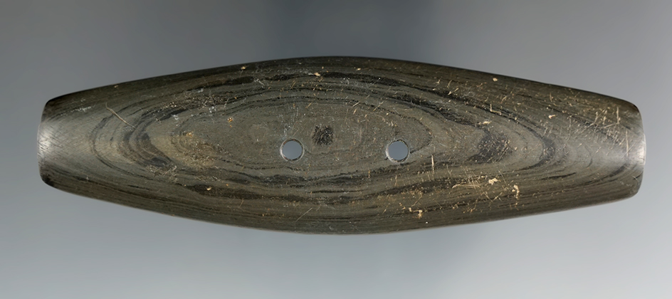 4 1/4" Glacial Kame Gorget with a nicely scooped bottom found in Wayne Co., Ohio. Ex. Earl Townsend.