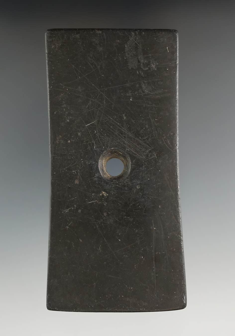4 1/2" Adena Rectangular Pendant made from black Slate, found in Warren Co., Ohio. Ex. Mark Brightma