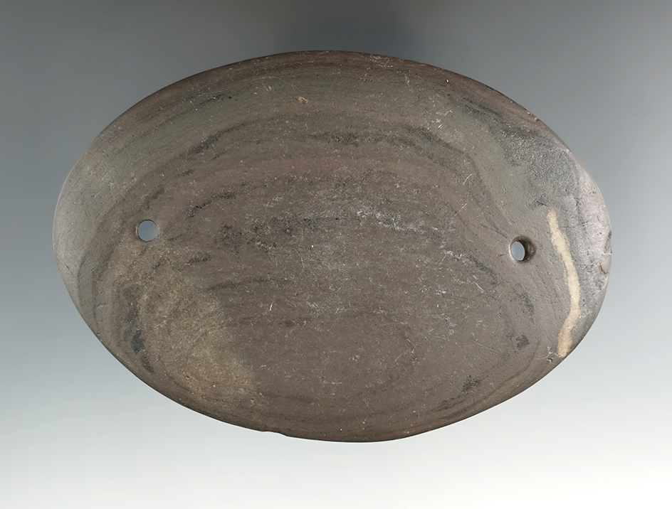 4 1/2" Glacial Kame Oval Gorget made from Banded Slate, found in Auglaize Co., Ohio.
