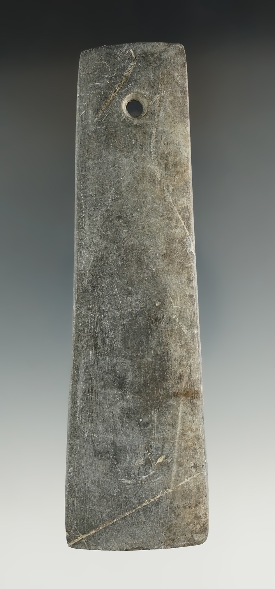 5 3/8" Hopewell Trapezoidal Pendant made from black and gray Slate, found in Seneca Co., Ohio near T