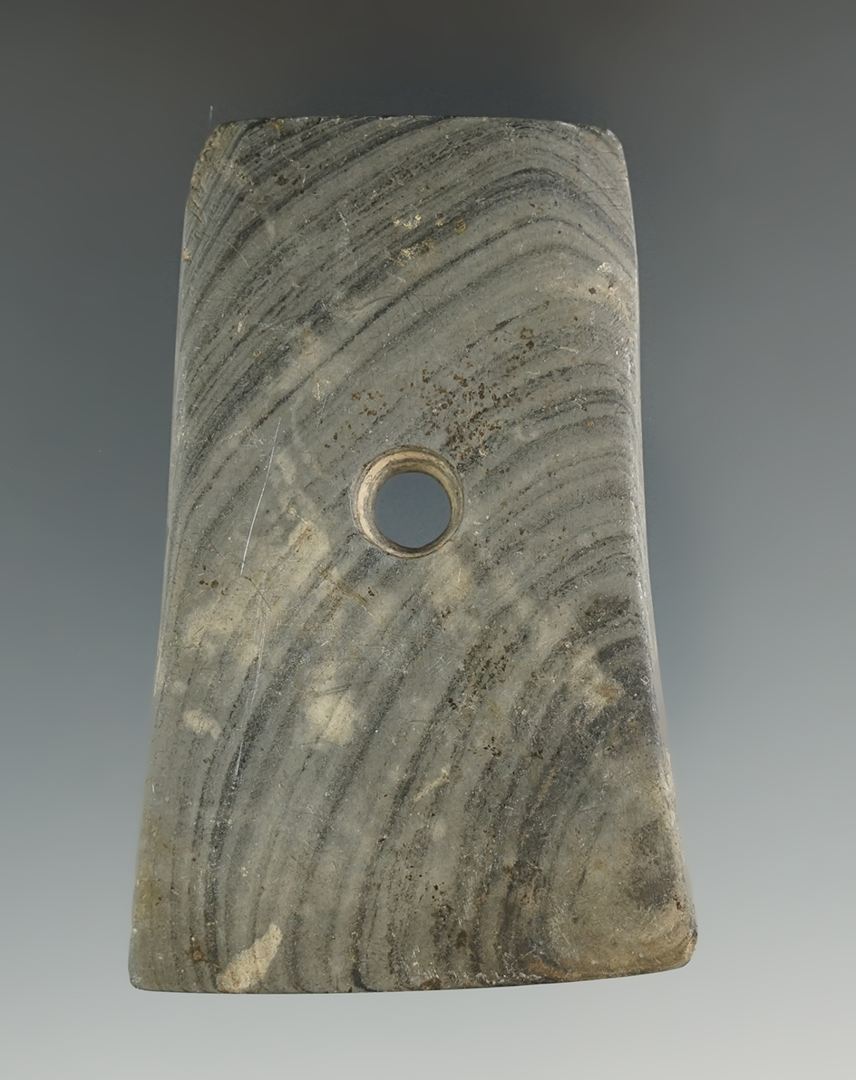 3" Adena Bell Pendant made from green and black Banded Slate. Ex. Bob Matthias Collection.