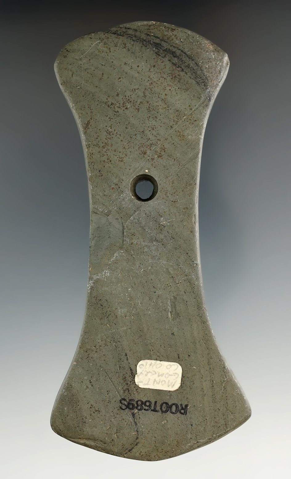 4 7/8" Adena Bi-Concave Pendant made from green and black Banded Slate, found in Montgomery Co., Ohi