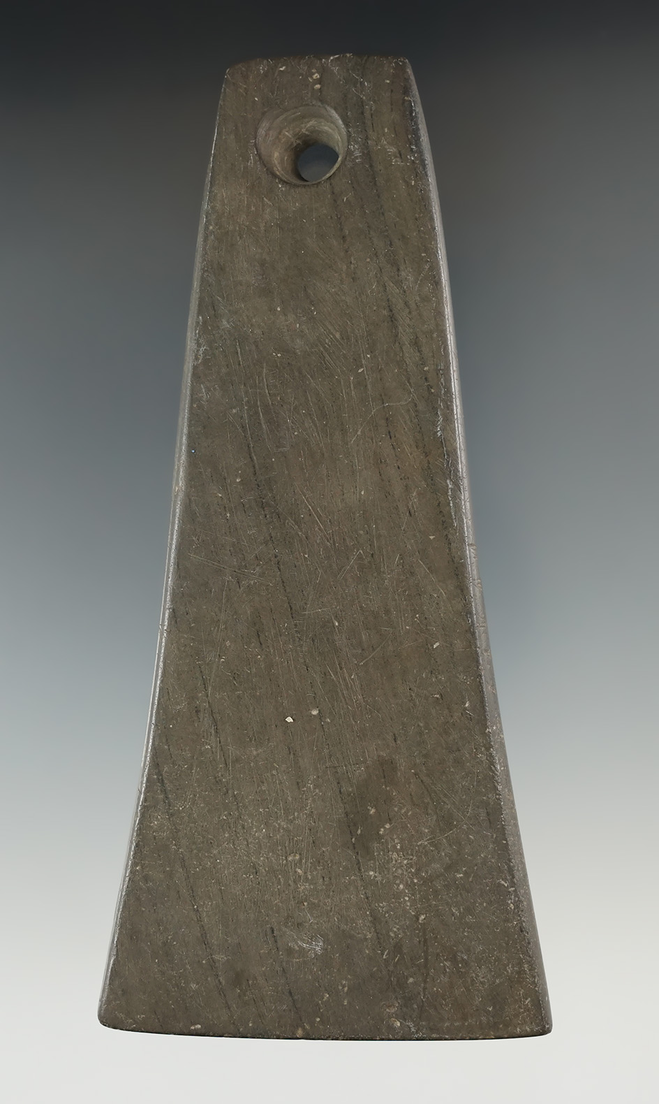 4 15/16" Adena Bell Pendant made from green and black Banded Slate. Found by Raymond Vietzen.