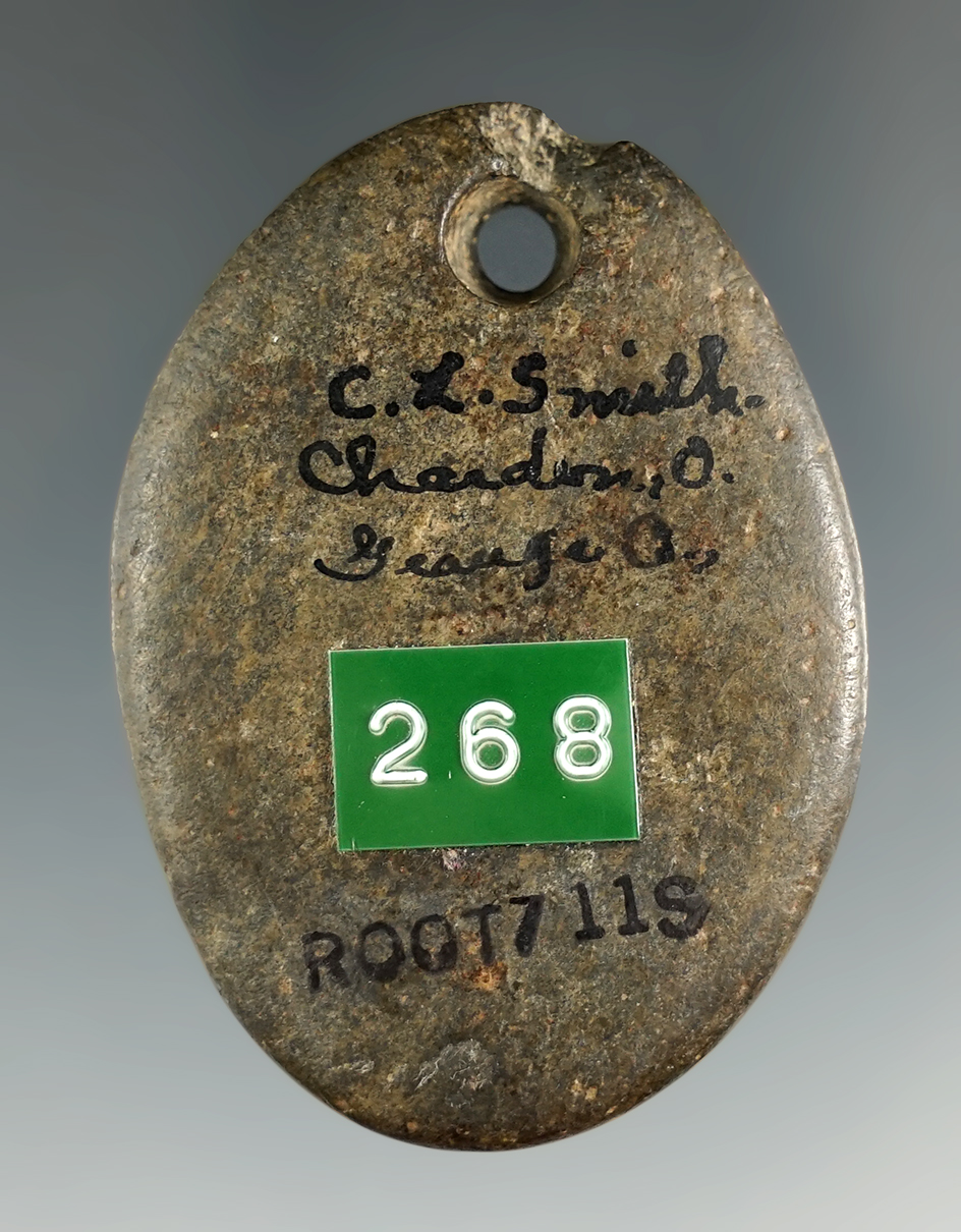 2" Miniature Ft. Ancient Ovate Pendant that is engraved found in Geauga Co., Ohio. Pictured in Ohio