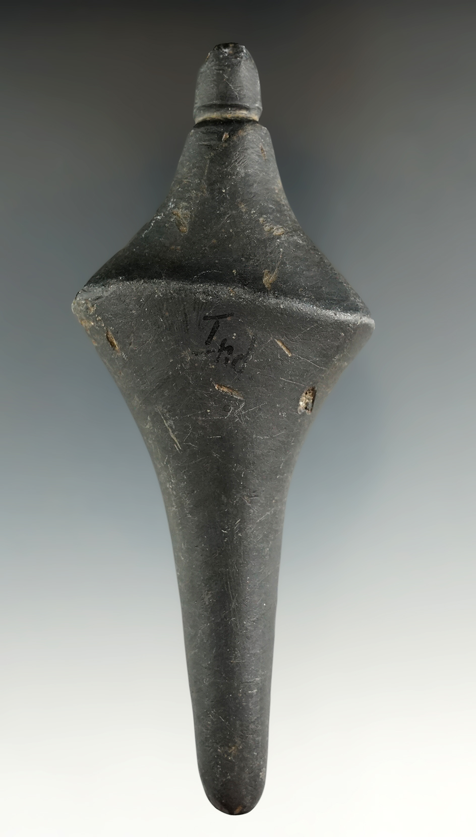 4 13/16" Glacial Kame Lizard Effigy made from black Banded Slate, found in Boone Co., Indiana. Ex. B