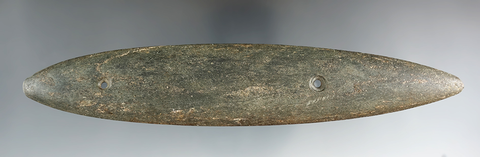 Large 7 3/4" Glacial Kame Bi-Pointed Gorget that is highly tallied. Found in Richland Co., Ohio. Ex.