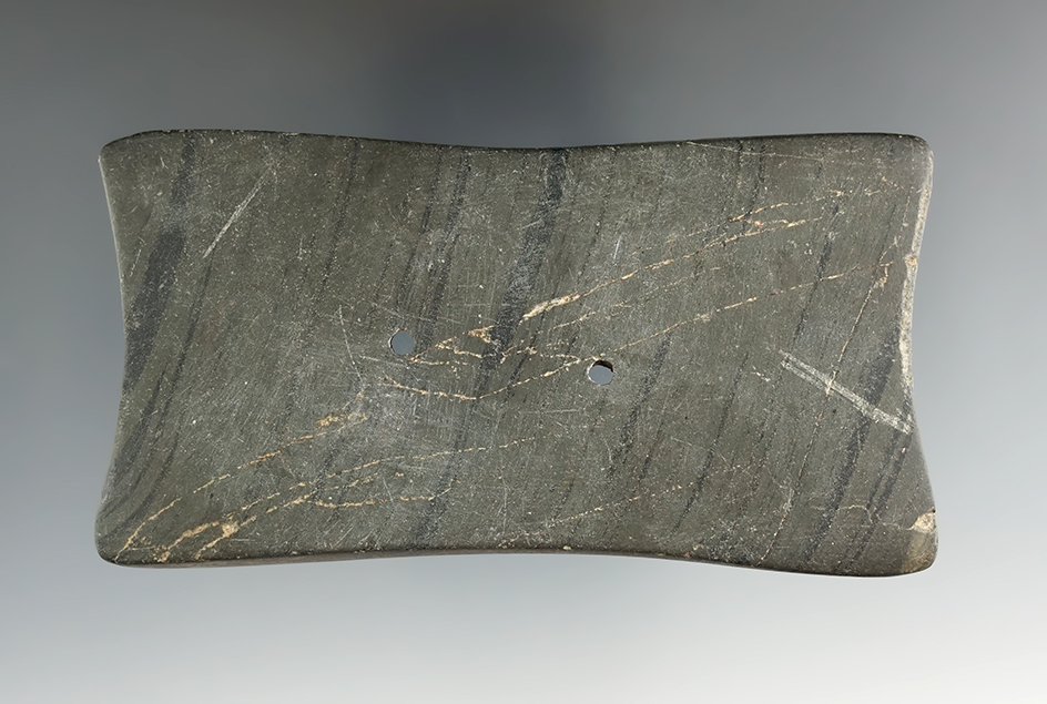3 15/16" Adena Quadriconcave Gorget made from gray and black Banded Slate, found in Ohio. Davis COA.