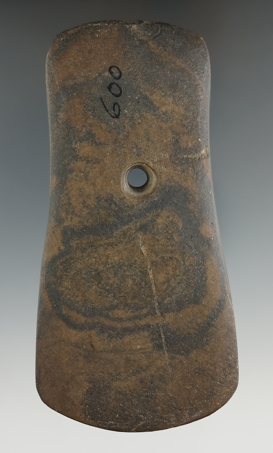 4 5/8" Adena Keyhole Pendant made from Mottled Slate, found in Sandusky Co., Ohio.