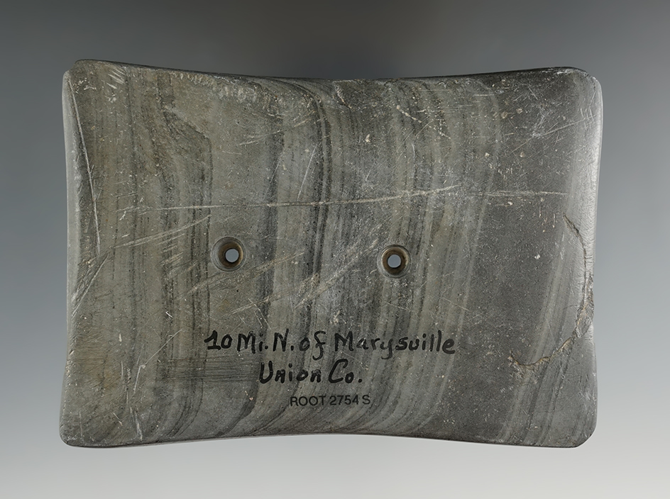 4 7/16" Adena Quadriconcave Gorget with engravings.  Union Co., Ohio. Pictured in The Meuser Collect